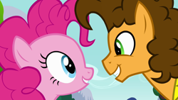 Size: 1280x720 | Tagged: safe, screencap, cheese sandwich, pinkie pie, earth pony, pony, pinkie pride, duo, female, looking at each other, looking at someone, male, mare, smiling, stallion