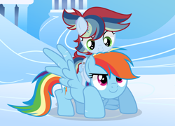 Size: 2636x1903 | Tagged: safe, artist:cheekycheesefan101, rainbow dash, oc, oc:blizzard cloud, pony, g4, female, filly, foal, offspring, parent:rainbow dash, parent:soarin', parents:soarindash