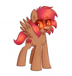 Size: 1548x1629 | Tagged: safe, artist:handgunboi, oc, oc only, pegasus, pony, commission, eye clipping through hair, eyebrows, eyebrows visible through hair, full body, hooves, open mouth, open smile, pegasus oc, raised eyebrow, simple background, smiling, solo, spread wings, standing, tail, three quarter view, two toned mane, two toned tail, white background, wings