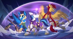 Size: 3510x1868 | Tagged: safe, artist:strafe blitz, flash magnus, shining armor, oc, oc:enduro elite, pegasus, pony, unicorn, g4, armor, belt, blue coat, blue eyes, cloak, clothes, coat markings, determined, dust, folded wings, force field, glowing, glowing horn, gritted teeth, guard, helmet, high res, hoof shoes, horn, magic, male, raised hoof, red mane, red tail, rock, spread wings, stallion, sword, tail, trio, weapon, white coat, wings, yellow coat