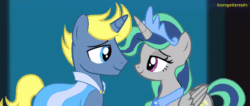 Size: 800x340 | Tagged: safe, artist:georgegarza01, oc, oc only, oc:light breeze, oc:mythic blue hope, alicorn, pony, unicorn, alicorn oc, animated, blushing, boop, eyes closed, female, gif, horn, lightverse, looking at each other, looking at someone, male, mythight, noseboop, offspring, parent:king sombra, parent:prince blueblood, parent:princess celestia, parent:radiant hope, parents:celestibra, parents:hopeblood, shipping, straight, unicorn oc, wings