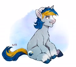 Size: 2048x1814 | Tagged: safe, artist:birdoffnorth, oc, oc only, oc:ocean wave, pony, unicorn, abstract background, coat markings, full body, grin, horn, looking at something, male, no pupils, signature, sitting, smiling, socks (coat markings), solo, stallion, tail, two toned mane, two toned tail, unicorn oc, unshorn fetlocks