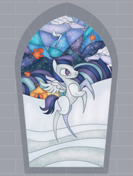 Size: 2400x3200 | Tagged: safe, artist:sixes&sevens, rumble, pegasus, pony, windigo, g4, circus tent, fanfic, fanfic art, fanfic cover, high res, ice, male, maple leaf, rearing, snow, stained glass