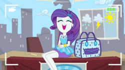 Size: 3410x1920 | Tagged: safe, screencap, rarity, best trends forever, equestria girls, g4, my little pony equestria girls: better together, bracelet, camera shot, clothes, cute, cutie mark, cutie mark on clothes, eyes closed, female, geode of shielding, hairpin, hands together, high res, jewelry, legs, magical geodes, open mouth, open smile, raribetes, rarity peplum dress, sitting, smiling, solo