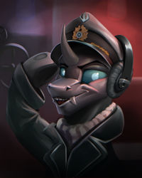 Size: 1200x1500 | Tagged: safe, artist:richmay, oc, oc only, changeling, equestria at war mod, bust, cap, changeling oc, clothes, faic, hat, military, military uniform, poggers, solo, uniform, war, world war ii