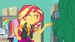 Size: 3410x1920 | Tagged: safe, screencap, fluttershy, rainbow dash, sunset shimmer, wallflower blush, equestria girls, equestria girls specials, g4, my little pony equestria girls: better together, my little pony equestria girls: forgotten friendship, ^^, clothes, cute, cutie mark on clothes, eyes closed, female, geode of empathy, hand on hip, high res, hoodie, jacket, jewelry, leather, leather jacket, magical geodes, necklace, shimmerbetes, smiling