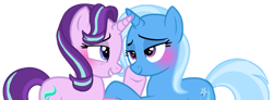 Size: 1280x469 | Tagged: safe, artist:kurisha-chan, artist:princess-kitsune-tsu, starlight glimmer, trixie, pony, unicorn, g4, blue eyes, blushing, duo, duo female, female, grin, horn, lesbian, lidded eyes, looking at each other, looking at someone, mare, purple eyes, raised hoof, ship:startrix, shipping, show accurate, simple background, smiling, tail, transparent background, two toned mane, two toned tail