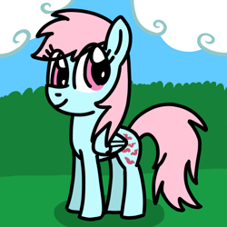 Size: 768x768 | Tagged: safe, artist:danielthebrony57, wind whistler, pegasus, pony, g1, g4, cloud, cloudy, cute, eye clipping through hair, female, folded wings, full body, g1 to g4, generation leap, hooves, land, mare, outdoors, pink eyes, pink mane, pink tail, ponyland, shadow, smiling, solo, standing, tail, whistlerbetes, wings