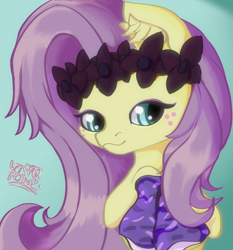 Size: 2538x2728 | Tagged: safe, artist:umbrapone, fluttershy, oc, pegasus, pony, g4, bust, clothes, ear fluff, floral head wreath, flower, fluttersona, freckles, green eyes, high res, hooves, leg warmers, long mane, ponysona, prize, purple mane, raffle prize, signature, solo