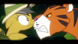 Size: 1280x720 | Tagged: safe, screencap, daring do, big cat, pegasus, pony, tiger, g4, read it and weep, angry, boop, eye contact, fangs, female, hat, letterboxing, looking at each other, looking at someone, mare, sharp teeth, teeth