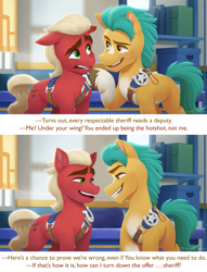 Size: 1551x2031 | Tagged: safe, artist:bcpony, hitch trailblazer, sprout cloverleaf, earth pony, pony, g5, my little pony: a new generation, comic, dialogue, duo, duo male, floppy ears, male, stallion
