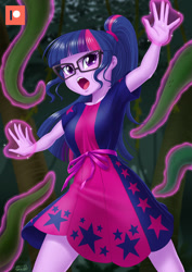 Size: 800x1132 | Tagged: safe, artist:uotapo, sci-twi, twilight sparkle, equestria girls, equestria girls series, g4, spring breakdown, spoiler:eqg series (season 2), blushing, breasts, clothes, female, glasses, glowing hands, i've seen enough hentai to know where this is going, magic, magic aura, meganekko, offscreen character, open mouth, patreon, patreon logo, scene interpretation, signature, solo, stars, telekinesis, tentacles, vine