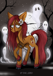 Size: 1526x2160 | Tagged: safe, artist:das_leben, oc, oc only, oc:apple bloom, earth pony, ghost, pony, undead, fanfic:song of seven, bag, colored fetlocks, commission, earth pony oc, flower, flower in hair, forest, gothic, messy mane, night, red mane, satchel, simple background, solo, stars, torn ear, unshorn fetlocks