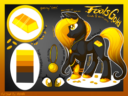 Size: 900x675 | Tagged: safe, artist:mychelle, oc, oc:fools gold, earth pony, pony, female, mare, reference sheet, solo