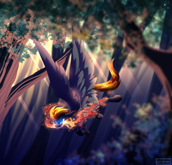 Size: 2600x2500 | Tagged: safe, artist:celes-969, oc, oc only, oc:blaze (shadowbolt), pegasus, pony, crepuscular rays, flying, forest, high res, solo, tree