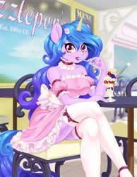 Size: 1865x2400 | Tagged: safe, artist:dstears, izzy moonbow, unicorn, anthro, g5, adorasexy, bare shoulders, beautiful, blueberry, bow, breasts, busty izzy moonbow, cafe, catchlights, chair, choker, clothes, crossed legs, cute, dress, eating, eyebrows, eyebrows visible through hair, eyelashes, female, flower, flower in hair, food, frilly, frilly dress, fruit, gradient mane, herbivore, ice cream, izzybetes, leg focus, legs, lips, lipstick, looking at you, milkshake, parfait, pink dress, pose, restaurant, schrödinger's pantsu, sexy, sitting, sitting pretty, skirt, solo, sparkler (firework), spoon, stockings, strapless, strawberry, table, thigh highs, thighs, zettai ryouiki