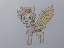Size: 4128x3096 | Tagged: safe, artist:cherro, oc, oc only, oc:copper wings, pony, artificial wings, augmented, clothes, female, open mouth, open smile, simple background, smiling, solo, standing, steampunk, traditional art, white background, wings