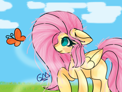 Size: 4000x3000 | Tagged: safe, artist:greenmarta, artist:macaroonburst, fluttershy, butterfly, pegasus, pony, g4, collaboration, female, floppy ears, raised hoof, solo