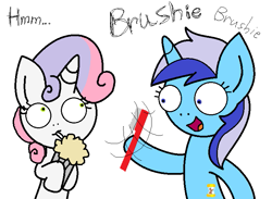 Size: 751x550 | Tagged: safe, artist:greenmarta, minuette, sweetie belle, pony, unicorn, g4, brushie, duo, female, hoof hold, milkshake, open mouth, simple background, toothbrush, white background