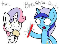 Size: 751x550 | Tagged: safe, artist:greenmarta, minuette, sweetie belle, pony, unicorn, g4, brushie, duo, female, filly, foal, hoof hold, mare, milkshake, open mouth, simple background, toothbrush, white background