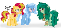 Size: 1256x588 | Tagged: safe, artist:greenmarta, artist:meimisuki, sunset shimmer, trixie, wallflower blush, earth pony, pony, unicorn, equestria girls, equestria girls specials, g4, my little pony equestria girls: better together, my little pony equestria girls: forgotten friendship, base used, blushing, clothes, eyelashes, female, horn, messy mane, messy tail, missing cutie mark, simple background, sweater, tail, transparent background, trio, trio female