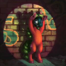 Size: 3500x3500 | Tagged: safe, artist:gor1ck, oc, oc only, oc:sweet release, earth pony, pony, bipedal, braid, brick wall, female, frog (hoof), gas mask, graffiti, green hair, high res, hooves up, mare, mask, solo, spotlight, underhoof