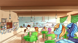 Size: 1920x1050 | Tagged: safe, artist:kirasunnight, oc, oc only, earth pony, pegasus, pony, unicorn, cafe, commission, commissioner:justplayshik, earth pony oc, female, horn, male, pegasus oc, restaurant, table, unicorn oc