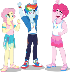Size: 3901x4000 | Tagged: safe, artist:orin331, fluttershy, pinkie pie, rainbow dash, human, equestria girls, equestria girls specials, g4, my little pony equestria girls: better together, my little pony equestria girls: rollercoaster of friendship, armband, bubble berry, butterscotch, clothes, converse, equestria guys, excited, eyes closed, geode of fauna, geode of sugar bombs, geode of super speed, grin, hairclip, jacket, magical geodes, open mouth, pants, rainbow blitz, rule 63, sandals, scene interpretation, shirt, shoes, shorts, simple background, smiling, sneakers, t-shirt, transparent background, trio, wristband