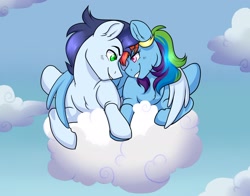 Size: 2560x2011 | Tagged: safe, artist:twisted-sketch, rainbow dash, soarin', g4, cloud, embrace, female, high res, hoof hold, hug, looking at each other, looking at someone, male, ship:soarindash, shipping, straight, winghug, wings