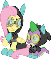 Size: 3000x3465 | Tagged: safe, artist:cloudy glow, fluttershy, spike, dragon, pegasus, pony, g4, sparkle's seven, .ai available, bunny ears, clothes, costume, dangerous mission outfit, duo, goggles, high res, hoodie, simple background, transparent background, vector