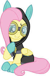 Size: 3000x4536 | Tagged: safe, artist:cloudy glow, fluttershy, pony, g4, sparkle's seven, .ai available, bunny ears, clothes, costume, dangerous mission outfit, goggles, hoodie, simple background, solo, transparent background, vector