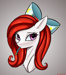 Size: 2211x2500 | Tagged: safe, artist:kirasunnight, oc, oc only, oc:pixel bliss, pony, bow, bust, female, gradient background, hair bow, high res, looking at you, mare, mouth hold, paintbrush, smiling, smiling at you, solo