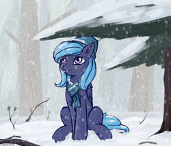 Size: 3500x3000 | Tagged: safe, artist:kirasunnight, oc, oc only, pegasus, pony, clothes, female, forest, hat, high res, pegasus oc, scarf, sitting, snow, snowfall, solo, tree