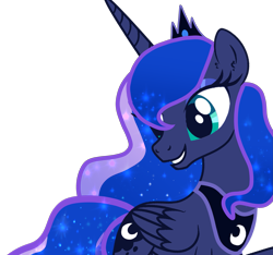 Size: 2671x2500 | Tagged: safe, artist:nitlynjane, princess luna, alicorn, pony, g4, crown, ethereal mane, ethereal tail, eyeshadow, female, folded wings, gem, grin, gritted teeth, high res, horn, jewelry, looking at something, looking back, makeup, mare, moon, peytral, raised hoof, regalia, simple background, smiling, solo, starry mane, tail, teal eyes, transparent background, wings