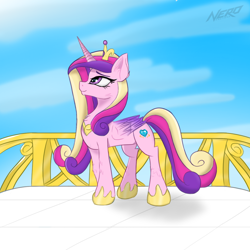 Size: 1000x1000 | Tagged: safe, artist:nerofactory, princess cadance, alicorn, pony, g4, balcony, chest fluff, cloud, colorful, cute, day, digital art, eyebrows, eyelashes, female, folded wings, hoof shoes, horn, mare, outdoors, pose, purple eyes, sky, smiling, solo, wings