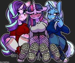 Size: 1974x1656 | Tagged: safe, artist:sexygoatgod, starlight glimmer, trixie, twilight sparkle, alicorn, unicorn, anthro, g4, blushing, clothes, converse, eyes closed, feet, female, fetish, fishnet stockings, foot fetish, kneesocks, looking at you, peace sign, shoe fetish, shoes, sneakers, socks, trio, trio female