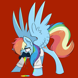 Size: 900x901 | Tagged: safe, artist:pointdelta, rainbow dash, pegasus, pony, fanfic:rainbow factory, g4, crying, fanfic art, female, gas mask, liquid rainbow, mask, rainbow factory dash, red background, simple background, solo, spread wings, wings