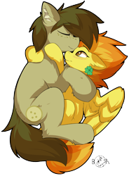 Size: 2068x2811 | Tagged: safe, artist:beardie, spitfire, oc, oc:chocolate chips, earth pony, pegasus, pony, g4, canon x oc, clover, cuddling, cute, female, firechips, high res, male, mare, shipping, simple background, snuggling, stallion, straight, transparent background