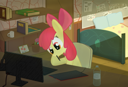 Size: 2560x1750 | Tagged: safe, artist:_rynn, apple bloom, earth pony, pony, g4, apple bloom's bow, bed, book, bow, chair, closed mouth, computer, cup, door, drawing, eyes open, flower, graphics tablet, hair bow, keyboard, light, monitor, mouth hold, notes, pen, pillow, room, shadows, shelves, sitting, solo, table, walls, water bottle, wide eyes