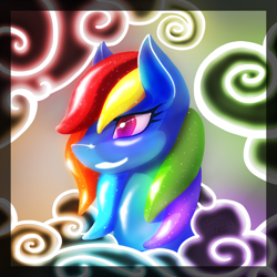 Size: 4000x4000 | Tagged: safe, artist:eltaile, rainbow dash, pegasus, pony, g4, absurd resolution, bust, cloud, cloudy, female, jelly, shiny, solo