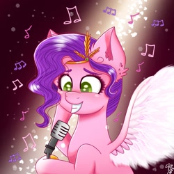 Size: 1280x1280 | Tagged: safe, artist:galaxy swirl, pipp petals, pegasus, pony, g5, my little pony: a new generation, adorapipp, cute, ear fluff, female, happy, headband, mare, microphone, music notes, smiling, solo, spread wings, wings