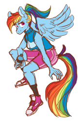 Size: 3850x5775 | Tagged: safe, artist:canisrettmajoris, rainbow dash, pegasus, anthro, plantigrade anthro, g4, clothes, converse, female, ponytail, shoes, shorts, simple background, sneakers, solo, water bottle, white background