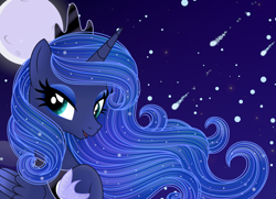 Size: 1280x925 | Tagged: safe, artist:n-brillance, princess luna, alicorn, pony, g4, crown, ethereal mane, female, hoof shoes, jewelry, looking at you, mare, moon, raised hoof, regalia, shooting star, solo