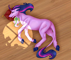 Size: 2000x1700 | Tagged: safe, artist:a-touch-of-magic, spike, twilight sparkle, dragon, pony, unicorn, fanfic:corruption, g4, altered cutie mark, comforting, comforting twilight, corrupted, curved horn, duo, fanfic, fanfic art, female, floor, horn, leonine tail, male, mare, on floor, open mouth, pillow, shadow, tail, transformation, unicorn twilight