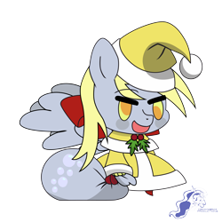 Size: 9934x9934 | Tagged: safe, artist:dimanizma, derpy hooves, pegasus, pony, g4, absurd resolution, anime, bag, bubble, chibi, christmas, clothes, costume, cute, derp, fate/stay night, female, filly, foal, happy new year, hat, hearth's warming eve, holiday, padoru, santa costume, santa hat, simple background, solo, spread wings, transparent background, watermark, wings