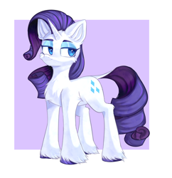 Size: 3000x3100 | Tagged: safe, artist:thieftea, rarity, pony, unicorn, abstract background, cheek fluff, chest fluff, ear fluff, eyeshadow, female, full body, high res, hooves, horn, leonine tail, lidded eyes, makeup, mare, smiling, solo, standing, tail, thick eyebrows, three quarter view, unshorn fetlocks