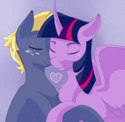 Size: 1702x1666 | Tagged: safe, artist:maravor, star tracker, twilight sparkle, alicorn, earth pony, pony, g4, blushing, chest fluff, colored ears, duo, eyes closed, female, heart, male, mare, ship:twitracker, shipping, stallion, straight, twilight sparkle (alicorn)