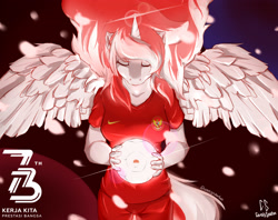 Size: 2900x2300 | Tagged: safe, artist:pwnagespartan, oc, oc only, oc:indonisty, alicorn, anthro, alicorn oc, anthro oc, eyes closed, female, football, horn, indonesia, nation ponies, ponified, solo, sports, spread wings, wings