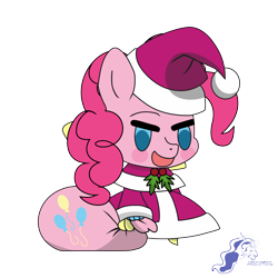 Size: 9934x9934 | Tagged: safe, artist:dimanizma, pinkie pie, earth pony, pony, g4, absurd resolution, anime, bag, chibi, christmas, clothes, costume, cute, fate/stay night, female, filly, foal, happy new year, hat, hearth's warming eve, holiday, horn, padoru, party, santa costume, santa hat, simple background, solo, transparent background, watermark