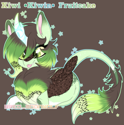 Size: 2352x2360 | Tagged: safe, artist:red_moonwolf, oc, oc only, oc:kiwi fruitcake, kirin, :p, butt freckles, chest fluff, colored sclera, fangs, female, freckles, high res, kirin oc, looking down, lying down, prone, simple background, solo, tongue out, watermark